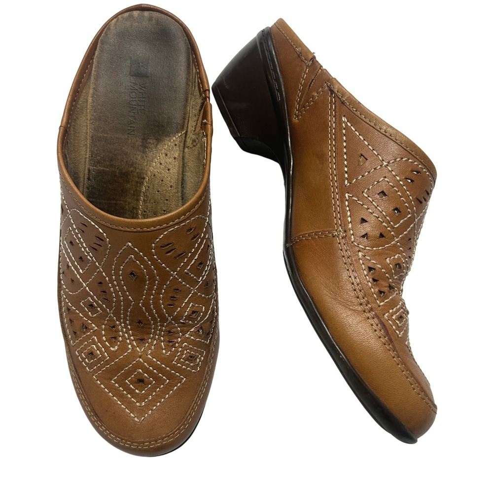 White Mountain Brown Leather Cutout Mules Clogs Heels Women's 9 Boho Cottagecore